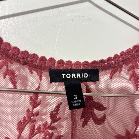 Torrid 3X Dusty Red Mesh Crochet Trim Longline Kimono Lace Duster Embroidered - Picture 5 of 10